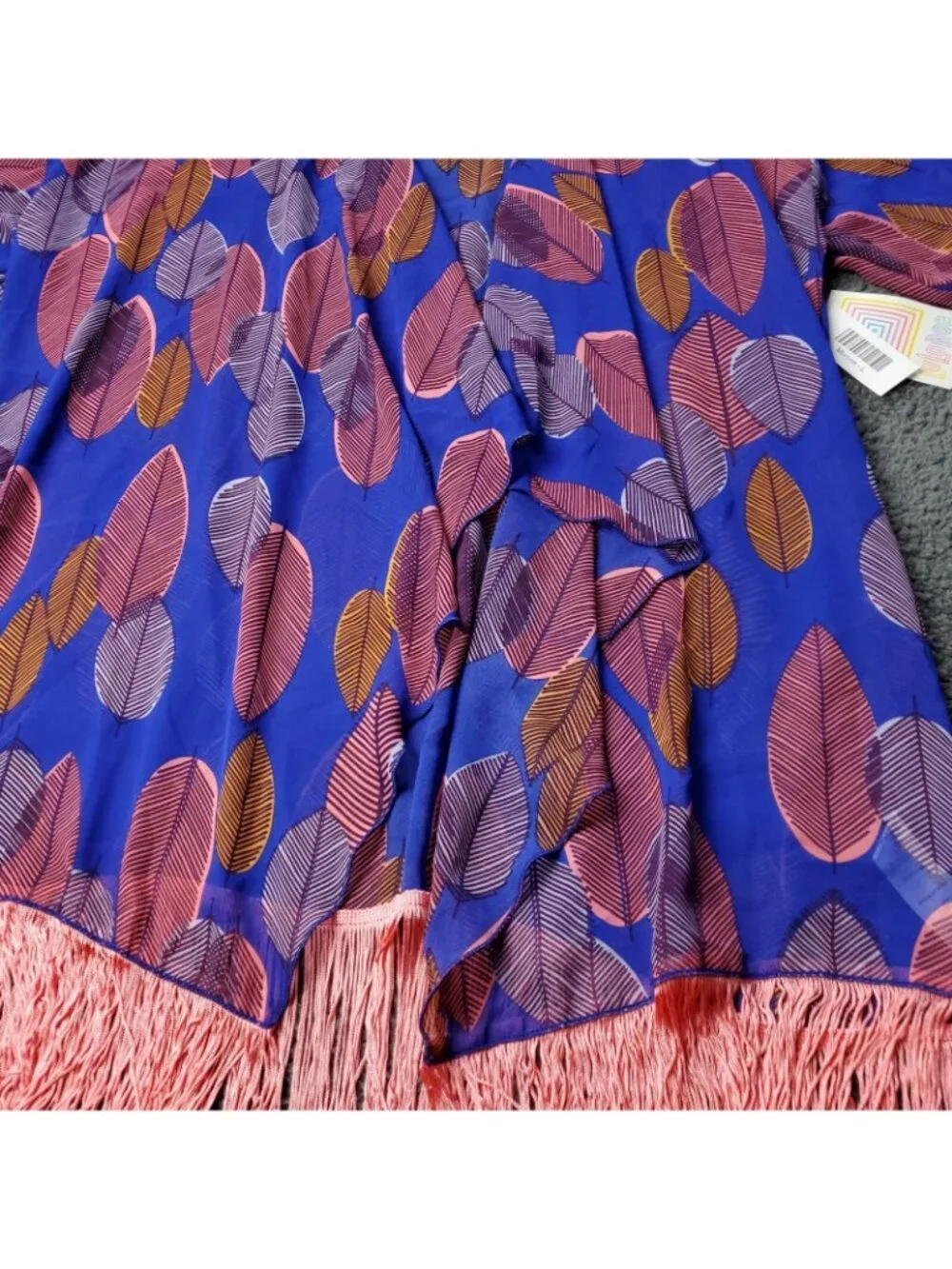 LulaRoe Monroe Kimono Cardigan Womens L Large Multicolor Fringe Floral Blue Pink